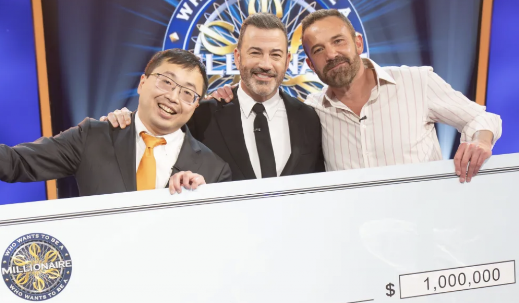 (L-R) Jamie Ding, host Jimmy Kimmel, and Ben Affleck.